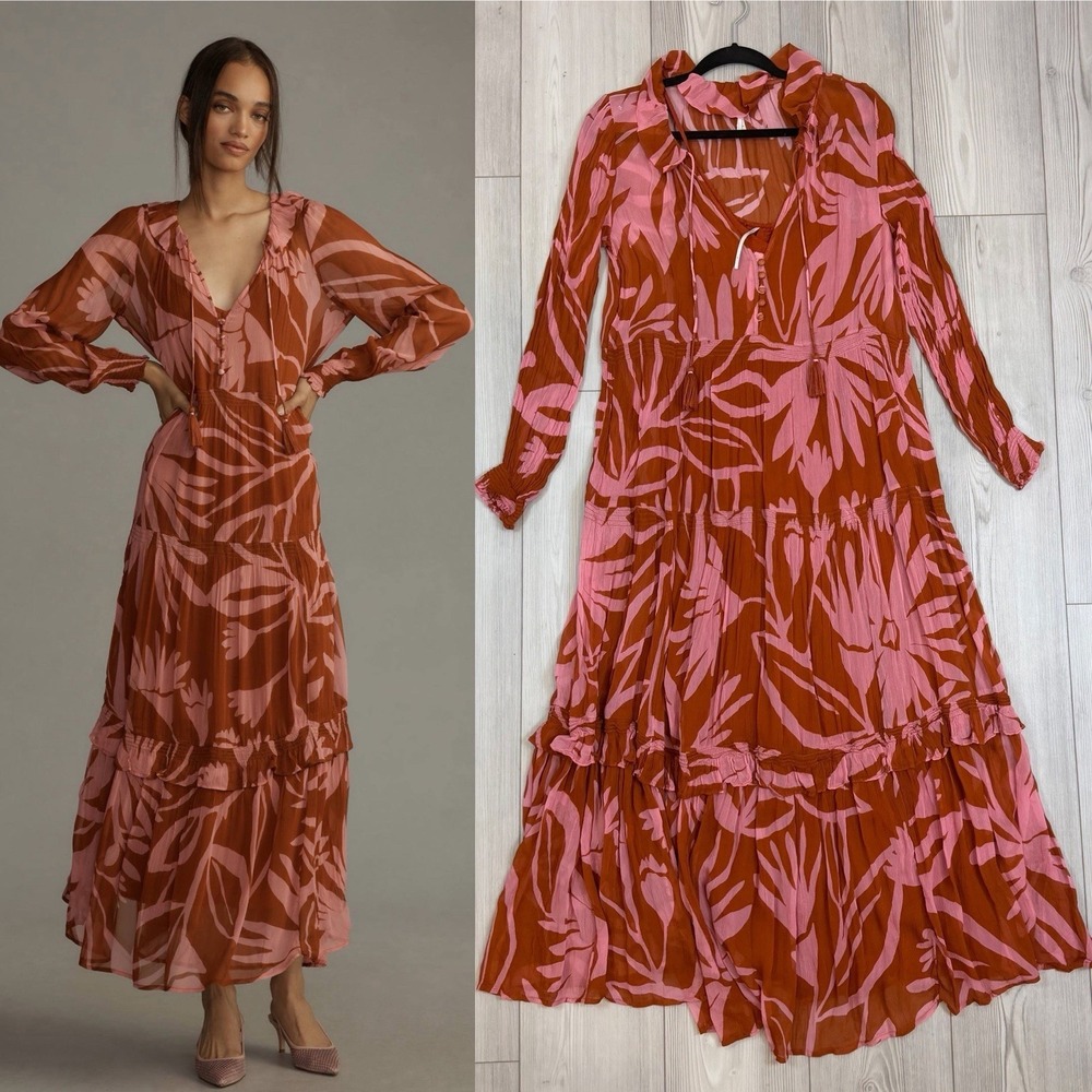 Anthropologie The Marais Printed Chiffon Maxi Dress Size Small NO Lining